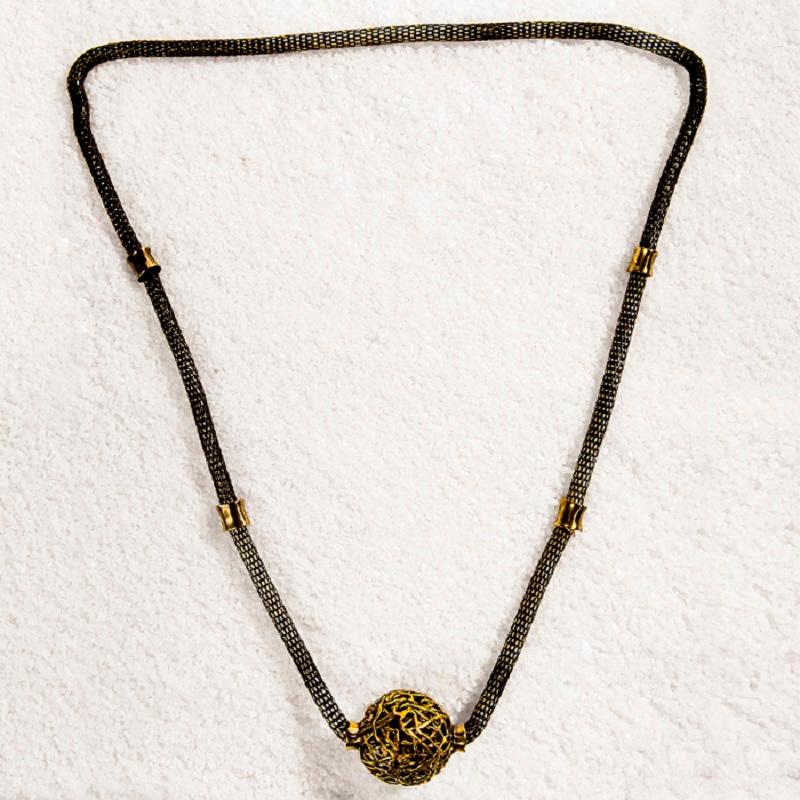 Art Deco Modern Statement Bronze Necklace with Woven Pendent