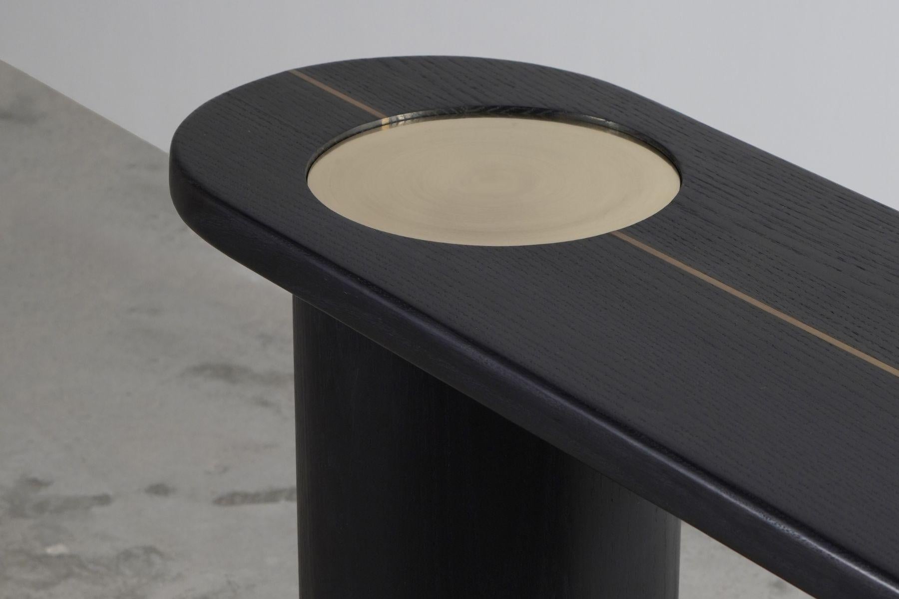 Organic Modern Modern statement organic Black Oak wood Console Table with solid brass inlay For Sale