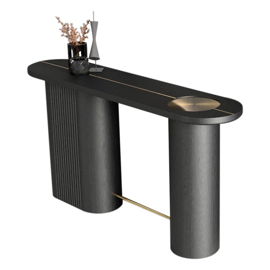 Table console moderne et organique en bois d'Oak Oak avec incrustation en laiton massif