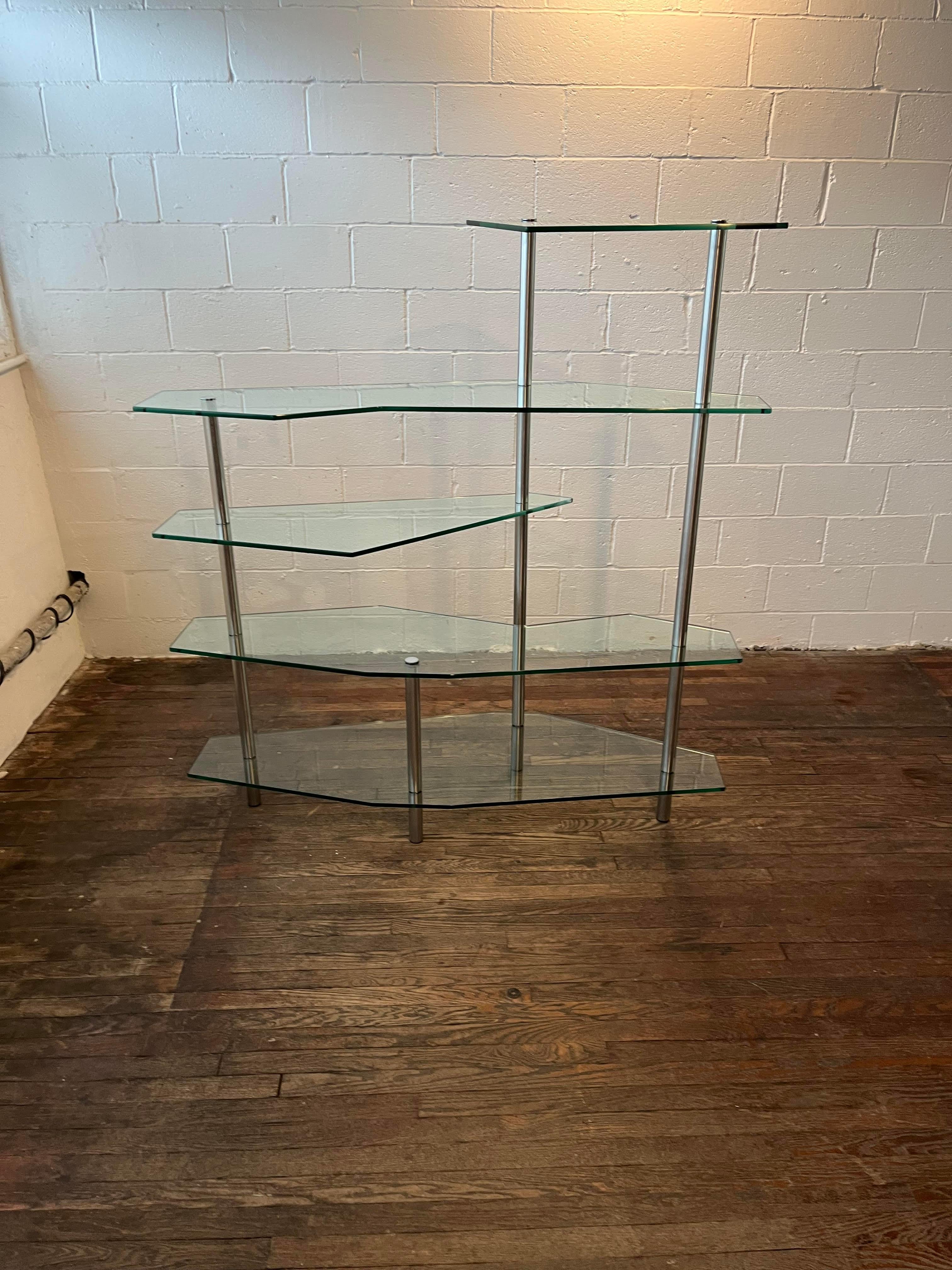 Late 20th Century Modern Freeform Steel and Glass Shelving Unit For Sale