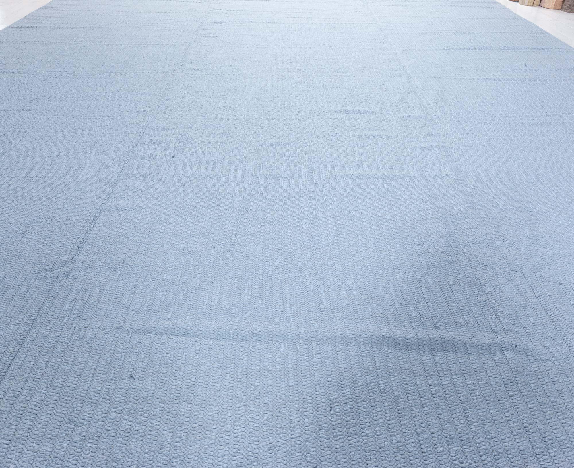 Indian Modern Steel-blue Flat Weave Wool Rug For Sale
