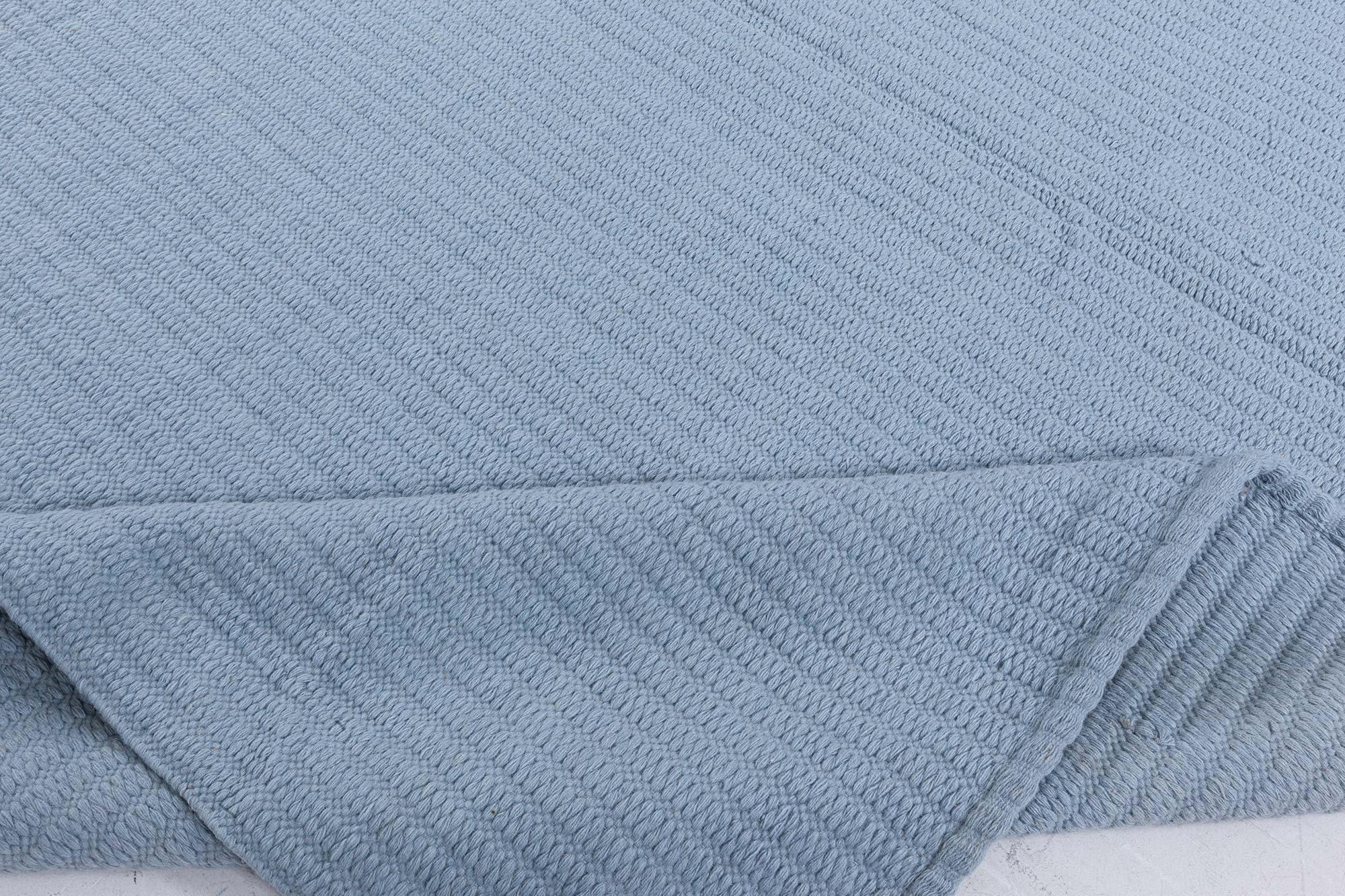 Hand-Woven Modern Steel-blue Flat Weave Wool Rug For Sale