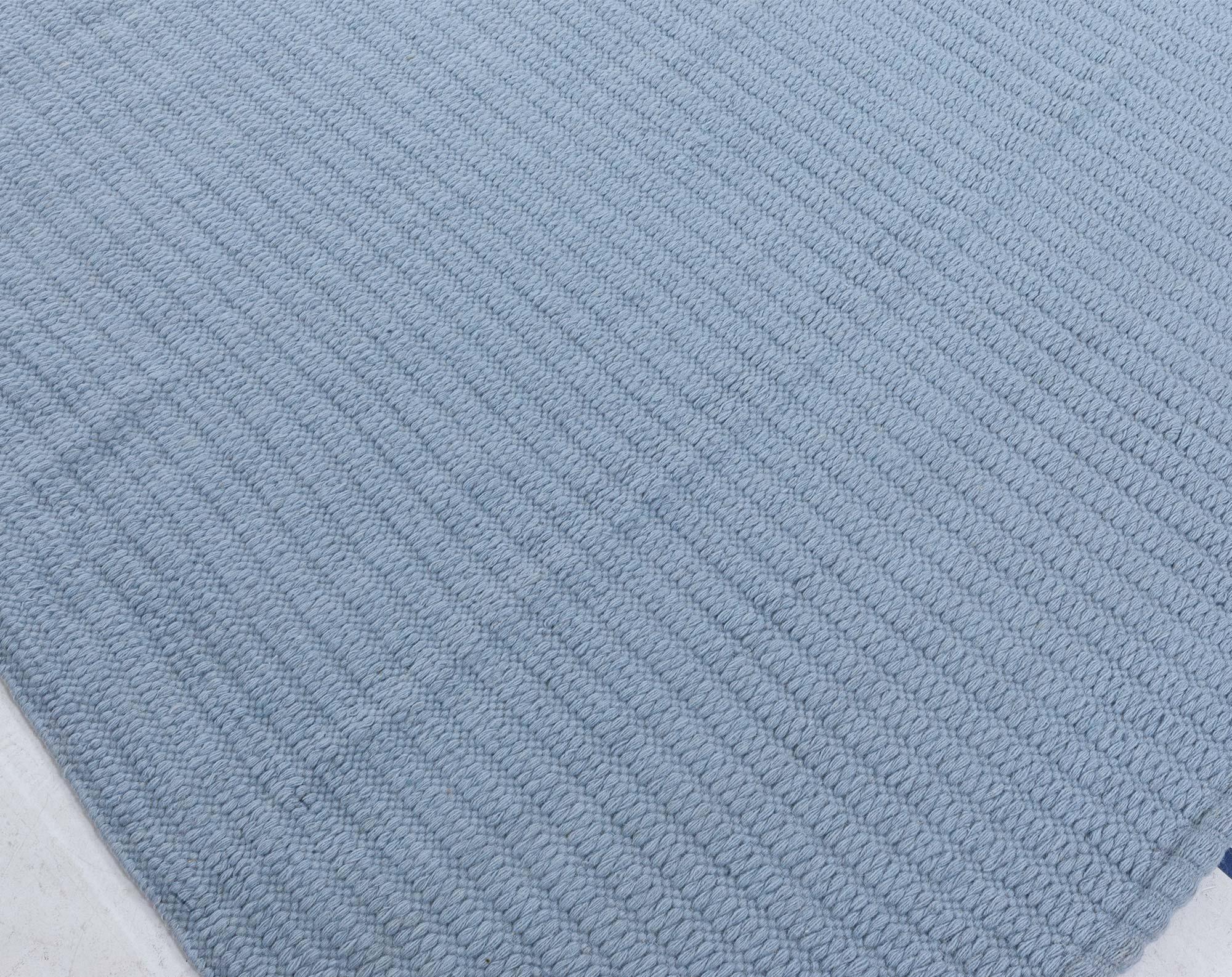Modern Steel-blue Flat Weave Wool Rug For Sale 1