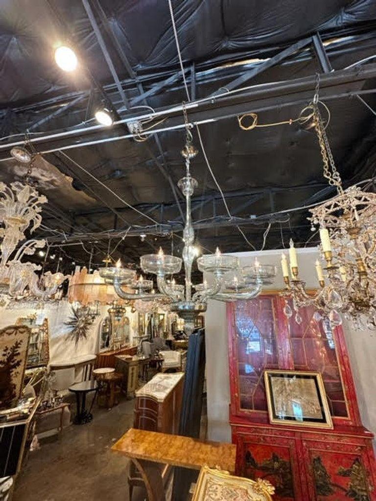 Lovely modern steel blue Murano glass chandelier. A glistening beauty that makes an elegant statement!