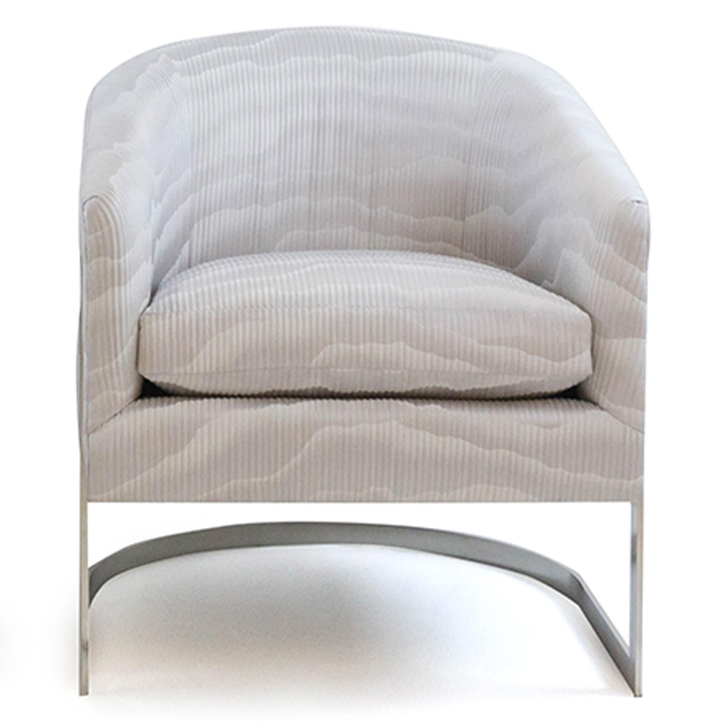 Modern curved back steel framed chair is upholstered in a multi-tonal wavy pattern gray fabric by Zinc textiles that was inspired by a stylized Japanese landscape. Thin channels in the weave give it a subtle texture. The feather wrapped foam seat