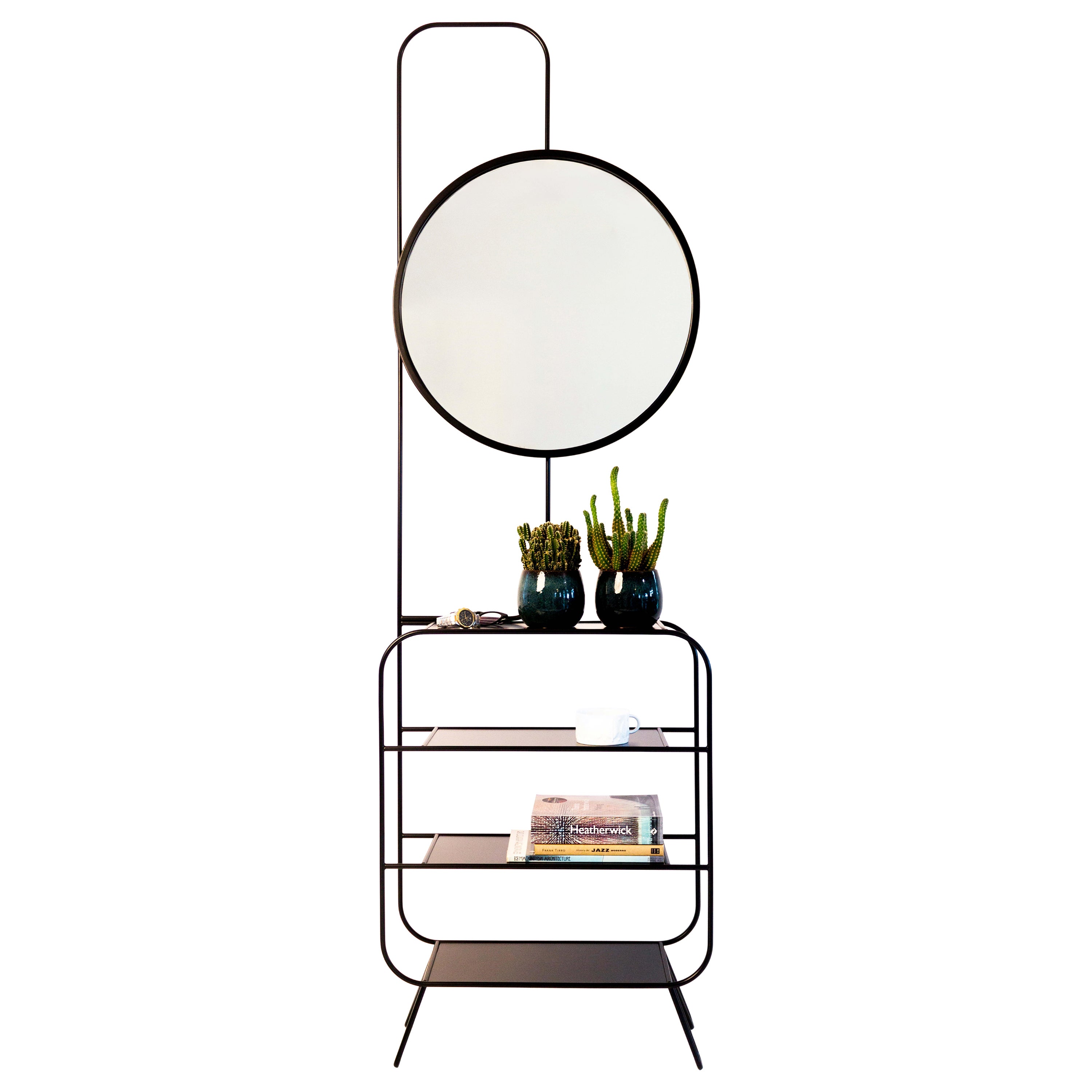 Modern Steel Console Mirror with Open Shelving – Sculptural Wall Unit