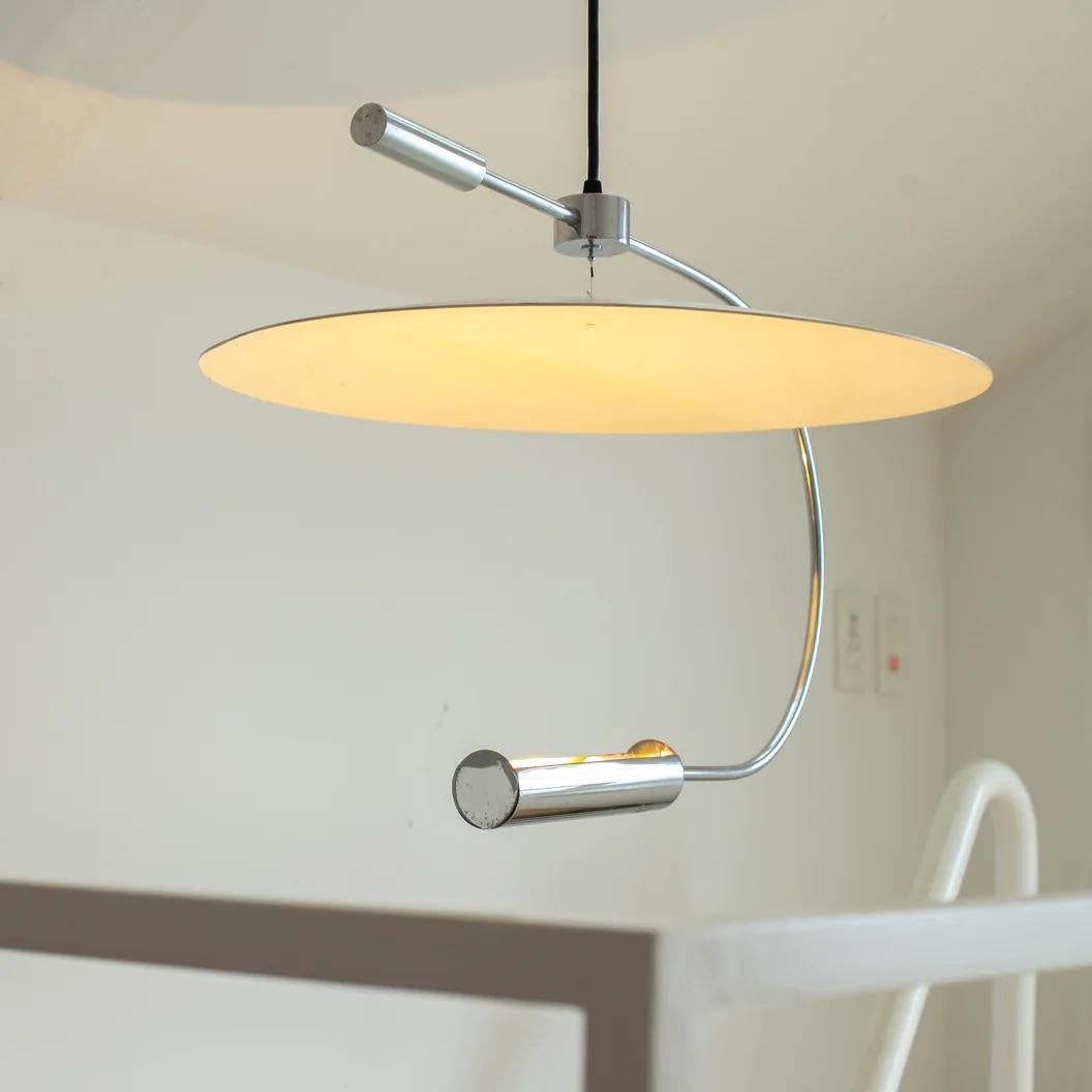 French Modern Steel Pendant Lamp for Maison Lucien Gau, France, 1980s For Sale