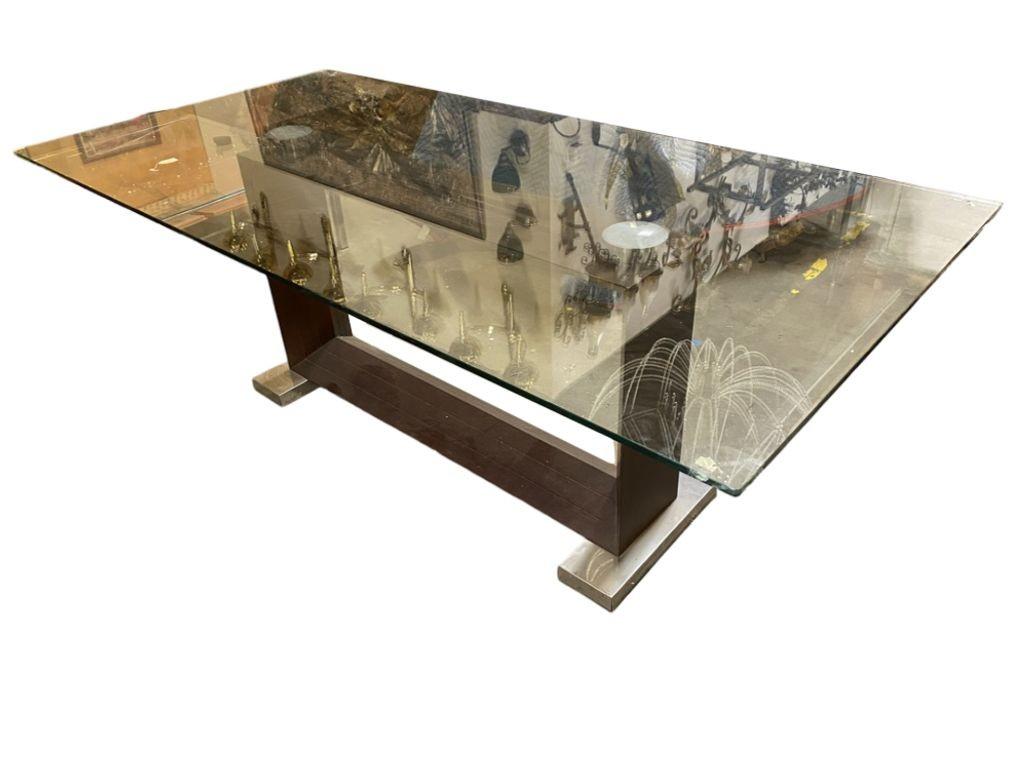 Designer contemporary large stainless steel & clear tempered glass industrial conference table or desk. An exquisite, stylish, practical large boardroom and meeting room table that can also serve as a statement piece dining room table for any modern