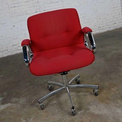 Modern Steelcase Chrome & Red Swivel Rolling Chair #454 Style Charles Pollock