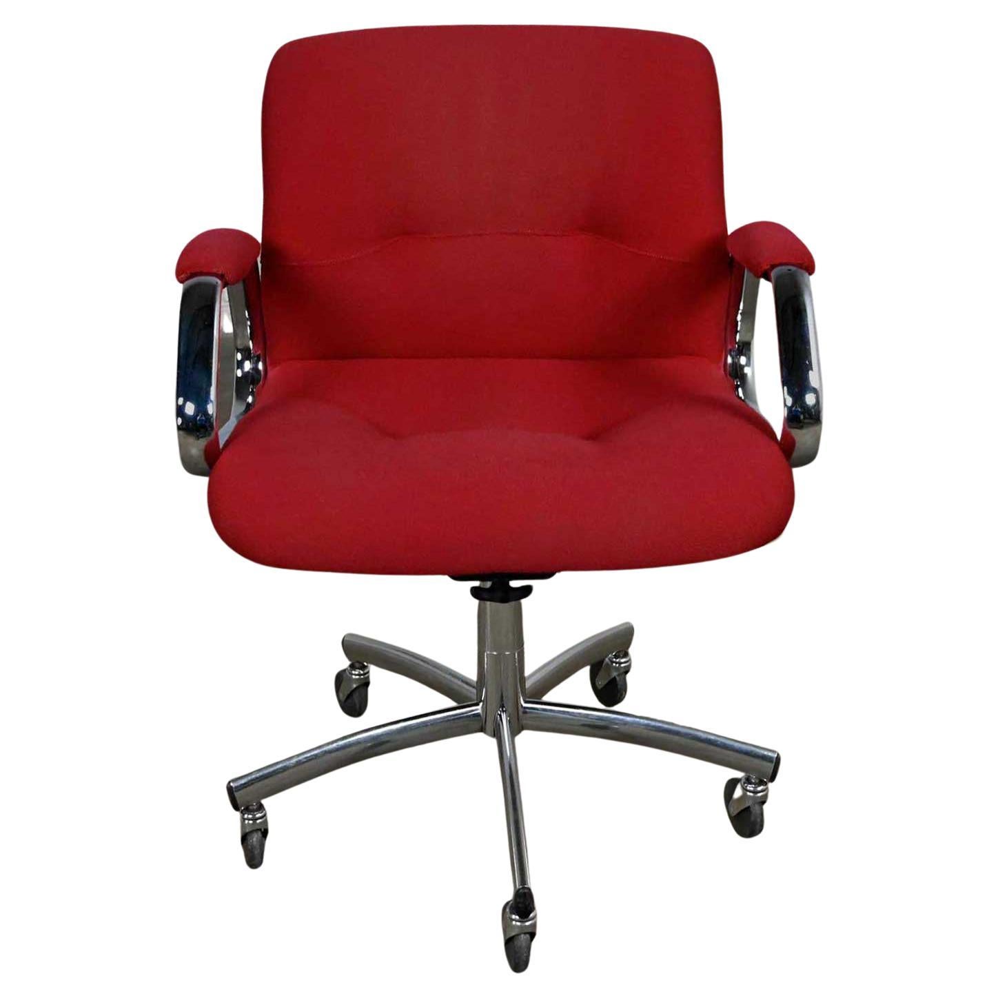 Modern Steelcase Chrome & Red Swivel Rolling Chair #454 Style Charles Pollock