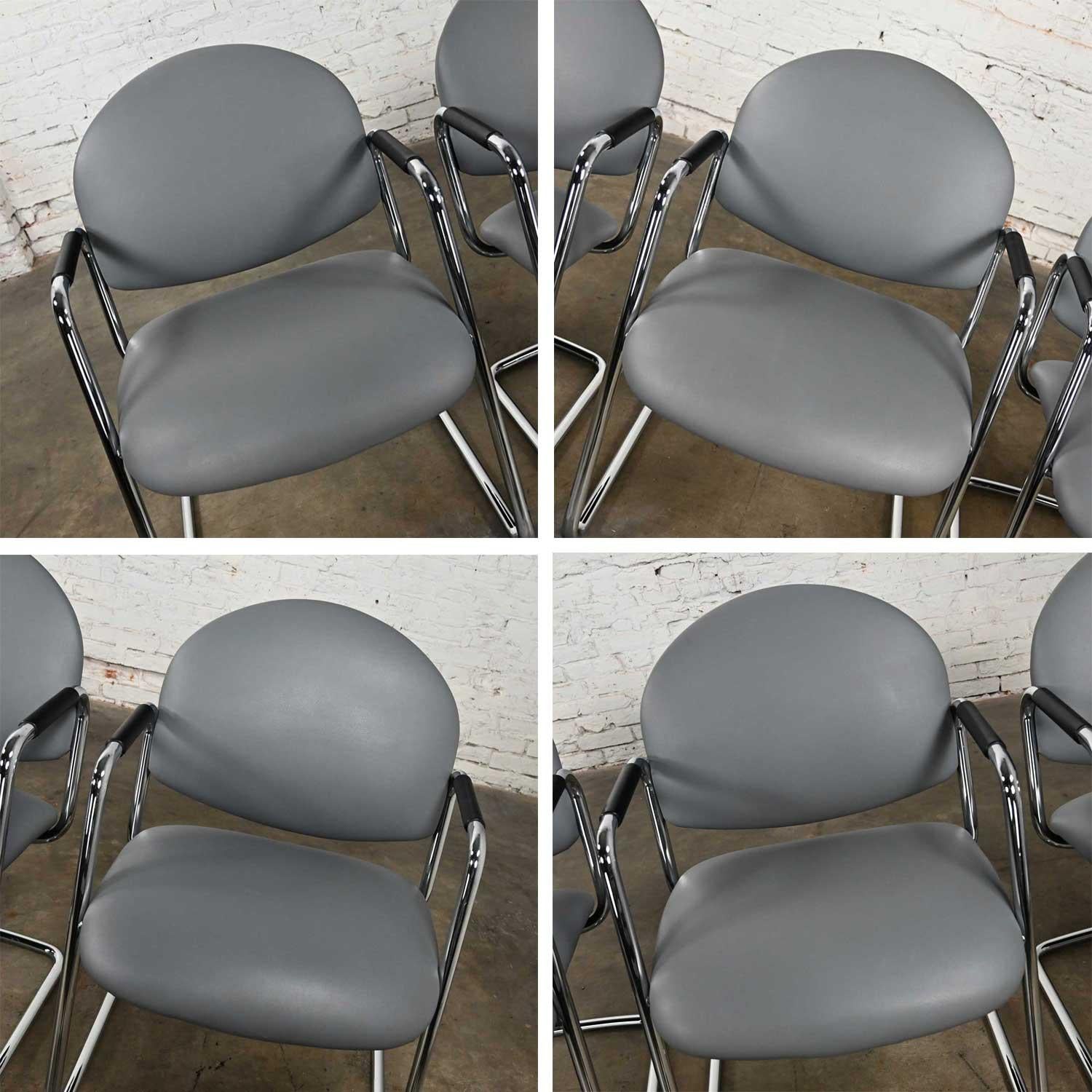 Modern Steelcase Chrome Tube Cantilever Base & Gray Faux Leather Chairs set of 4 For Sale 6