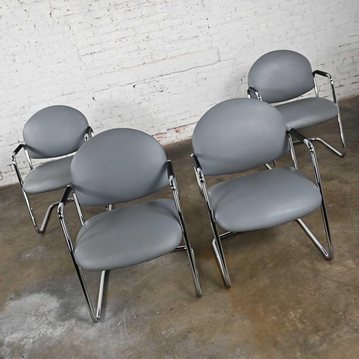 Modern Steelcase Chrome Tube Cantilever Base & Gray Faux Leather Chairs set of 4 For Sale 10