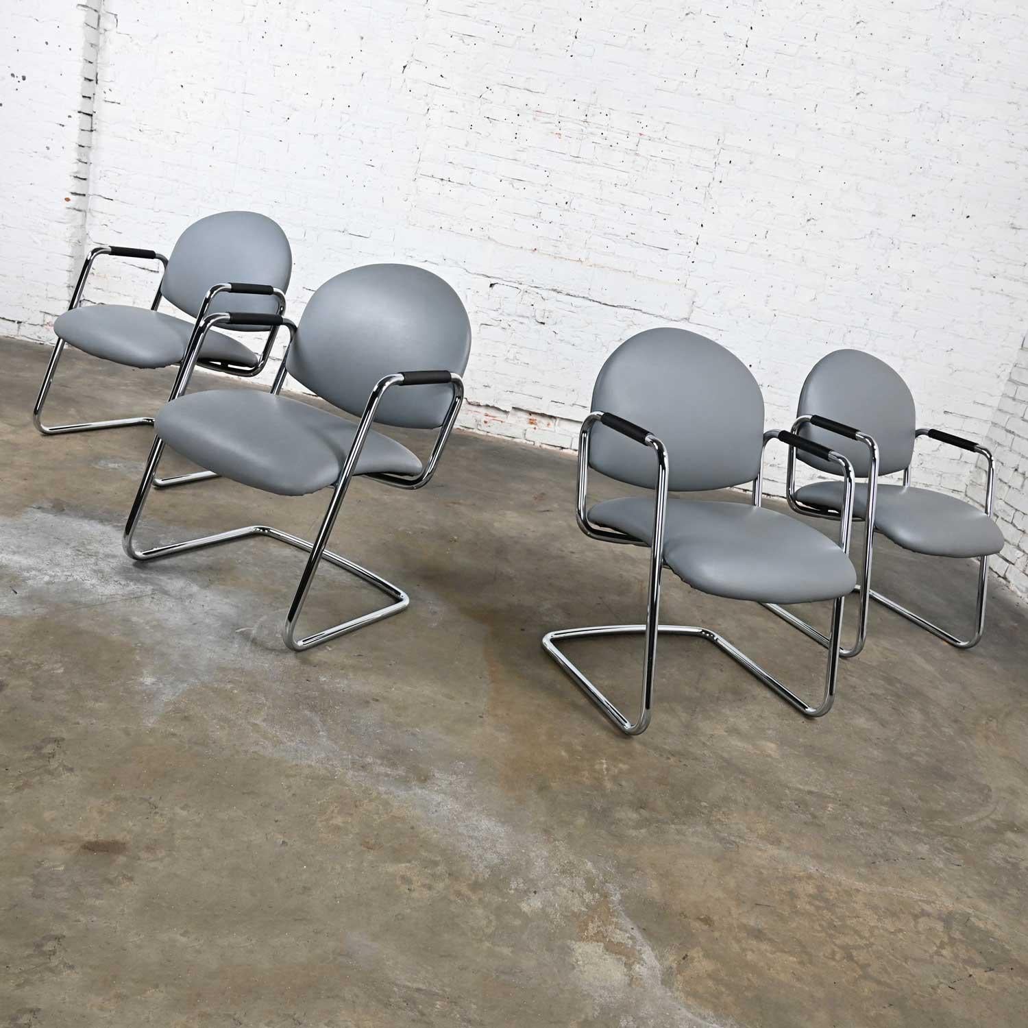 Modern Steelcase Chrome Tube Cantilever Base & Gray Faux Leather Chairs set of 4 For Sale 11