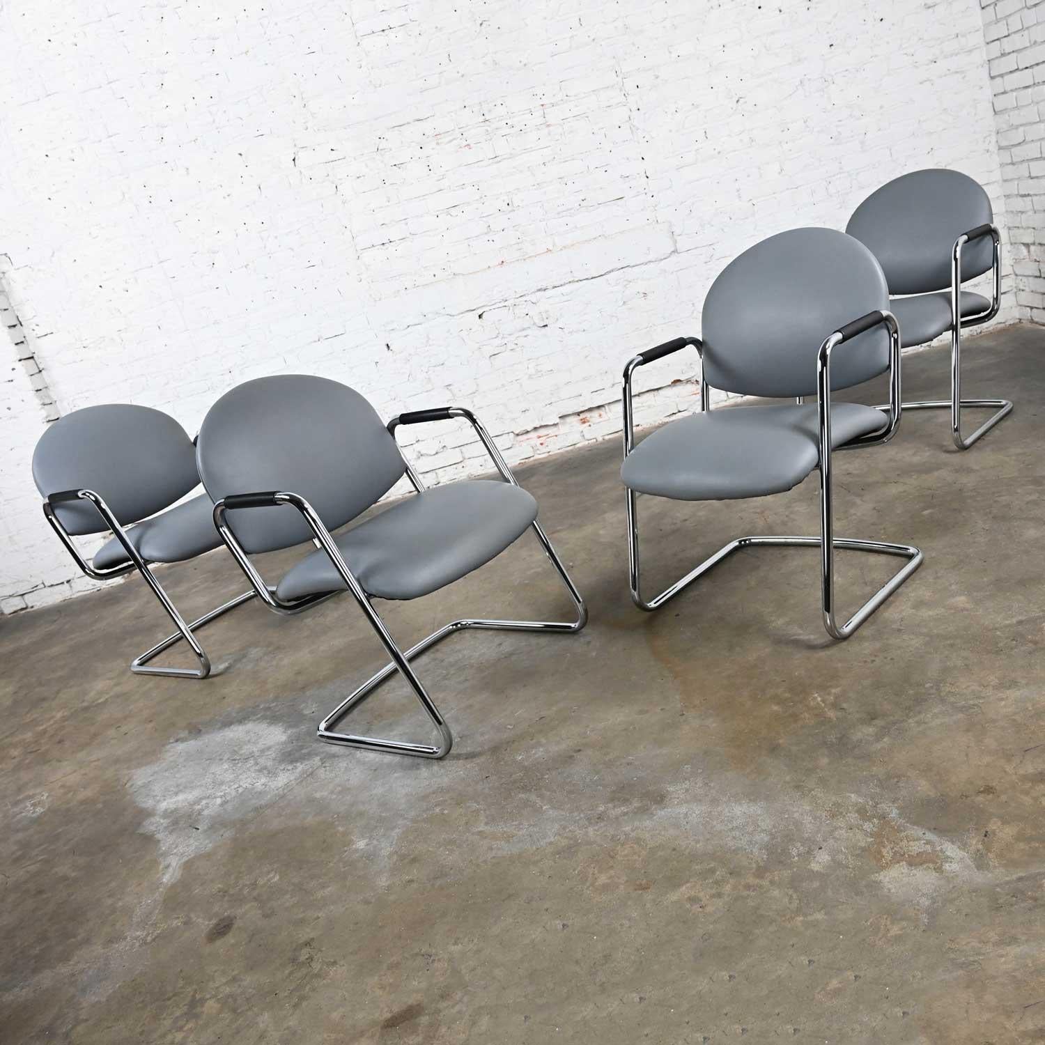 Modern Steelcase Chrome Tube Cantilever Base & Gray Faux Leather Chairs set of 4 For Sale 12