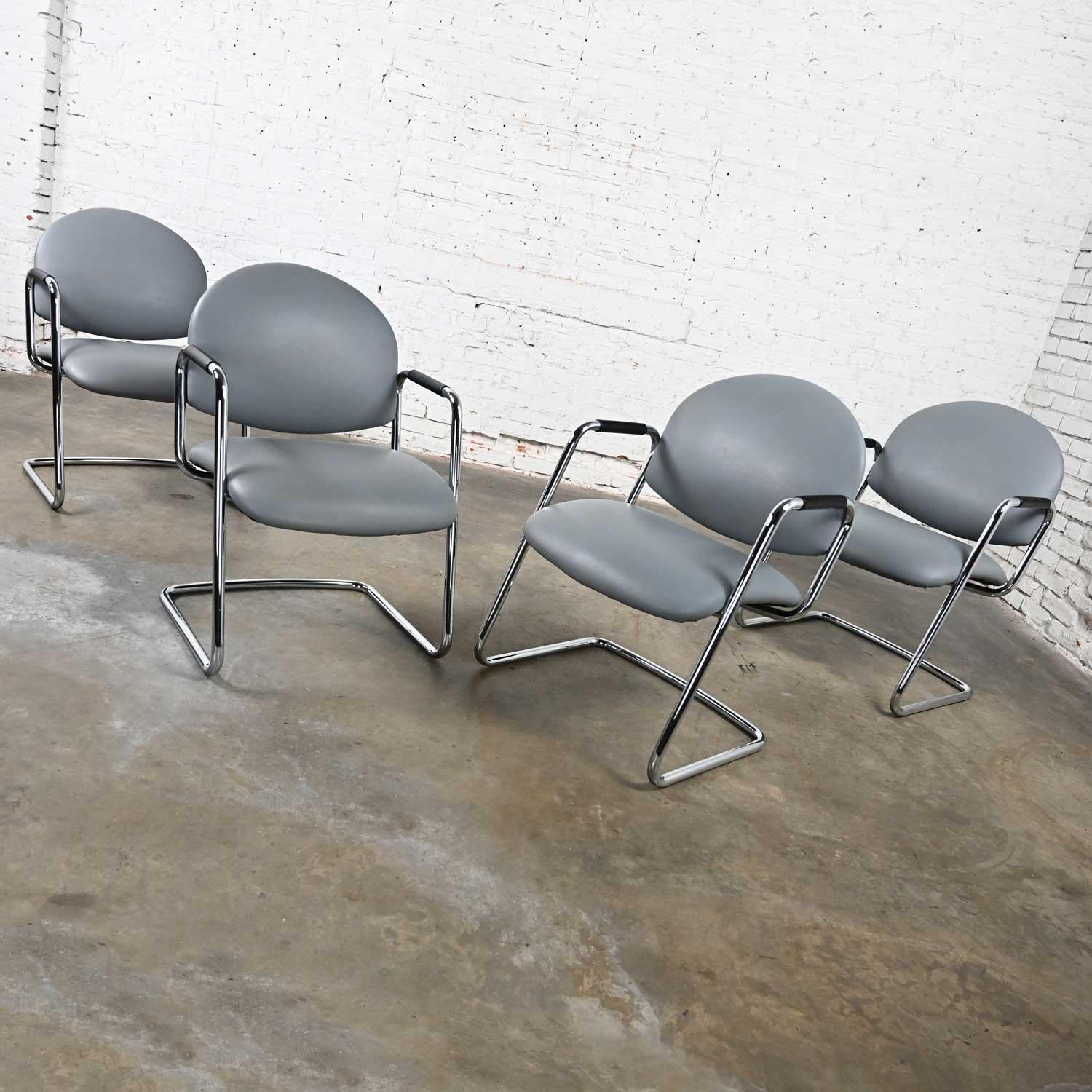 American Modern Steelcase Chrome Tube Cantilever Base & Gray Faux Leather Chairs set of 4 For Sale