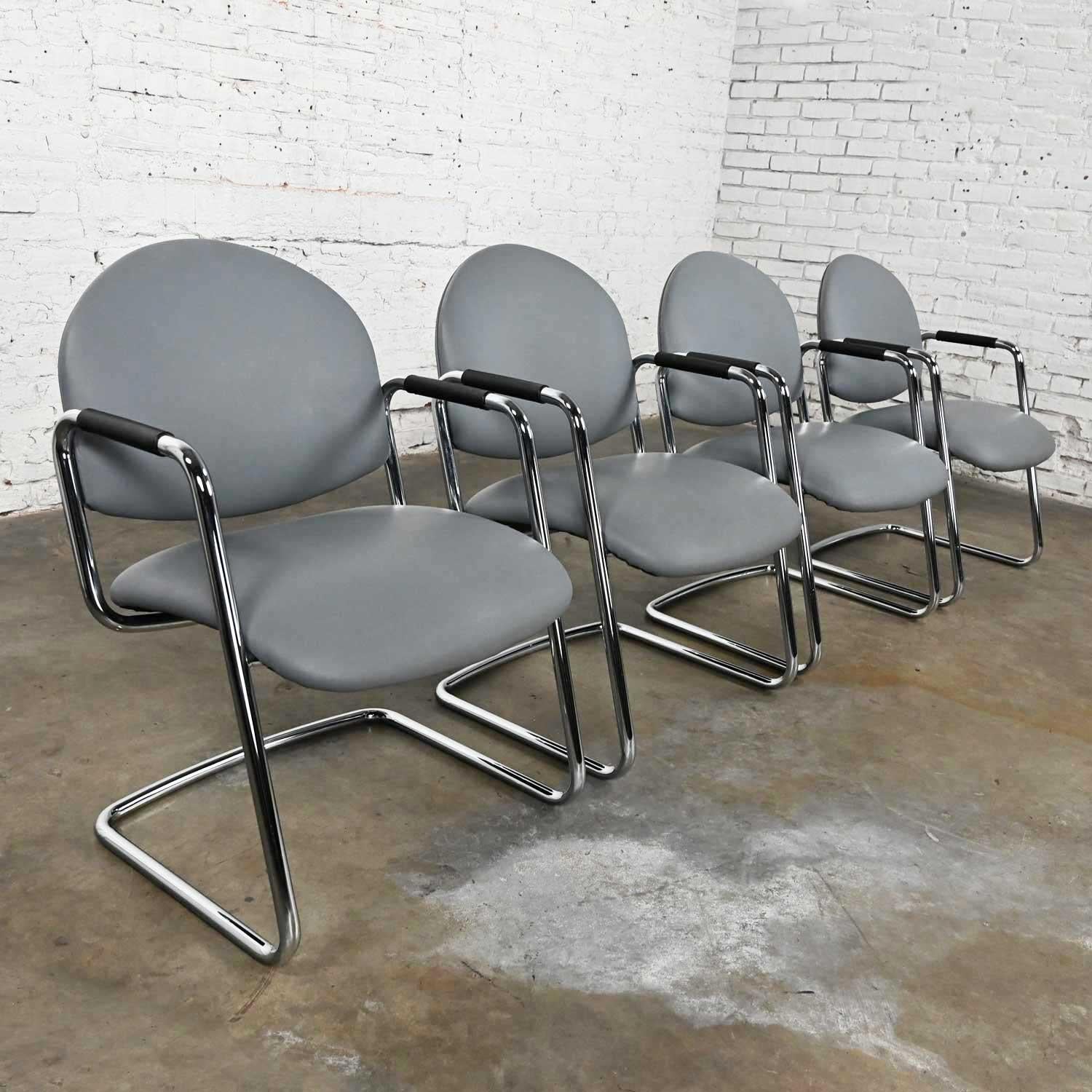 Modern Steelcase Chrome Tube Cantilever Base & Gray Faux Leather Chairs set of 4 In Good Condition For Sale In Topeka, KS