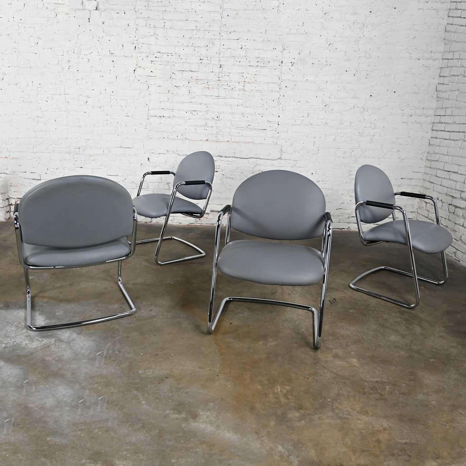 20th Century Modern Steelcase Chrome Tube Cantilever Base & Gray Faux Leather Chairs set of 4 For Sale