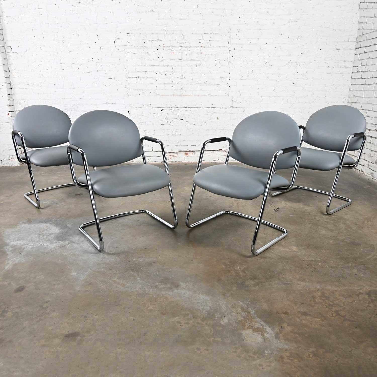 Modern Steelcase Chrome Tube Cantilever Base & Gray Faux Leather Chairs set of 4 For Sale 1
