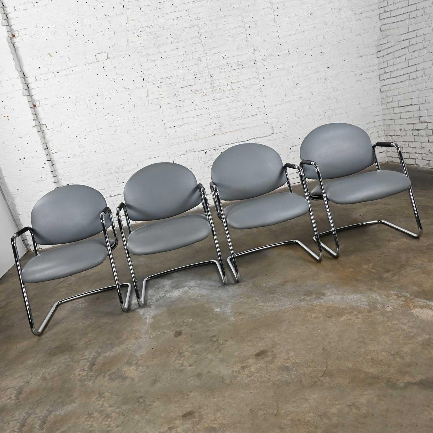Modern Steelcase Chrome Tube Cantilever Base & Gray Faux Leather Chairs set of 4 For Sale 2