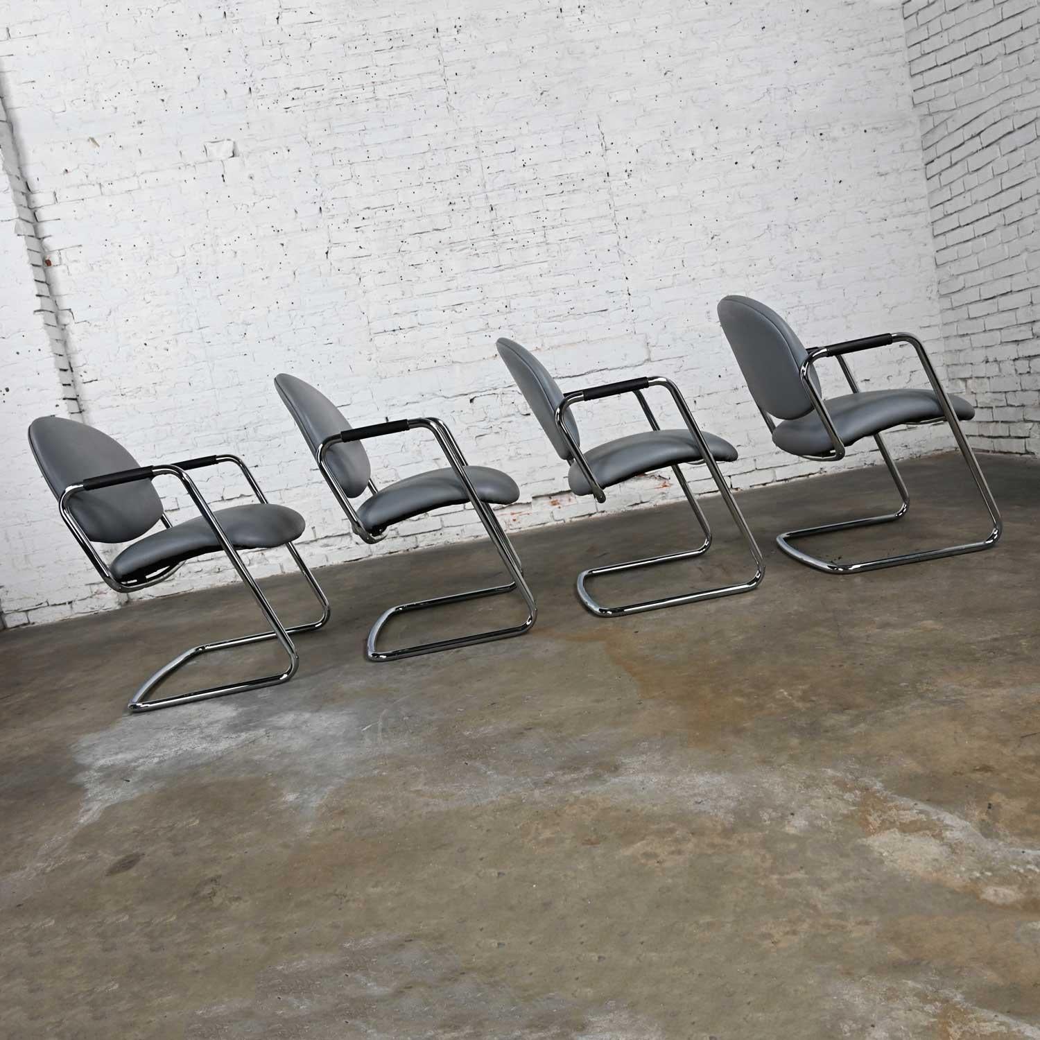 Modern Steelcase Chrome Tube Cantilever Base & Gray Faux Leather Chairs set of 4 For Sale 3
