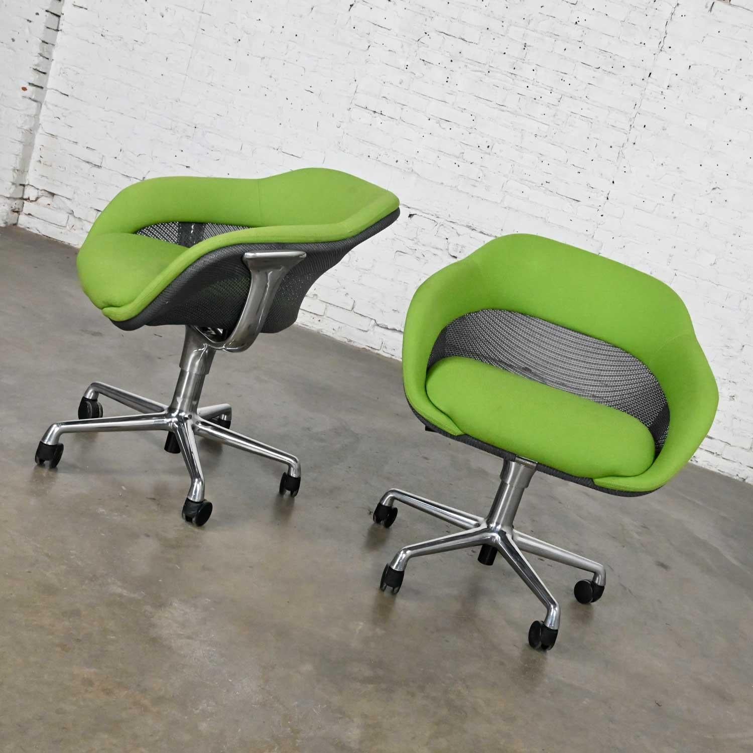 Awesome modern steelcase green mesh and five prong chrome rolling base pair of Coalesse office chairs. Beautiful condition, keeping in mind that these are vintage and not new so will have signs of use and wear. There is a snag in the webbing on one