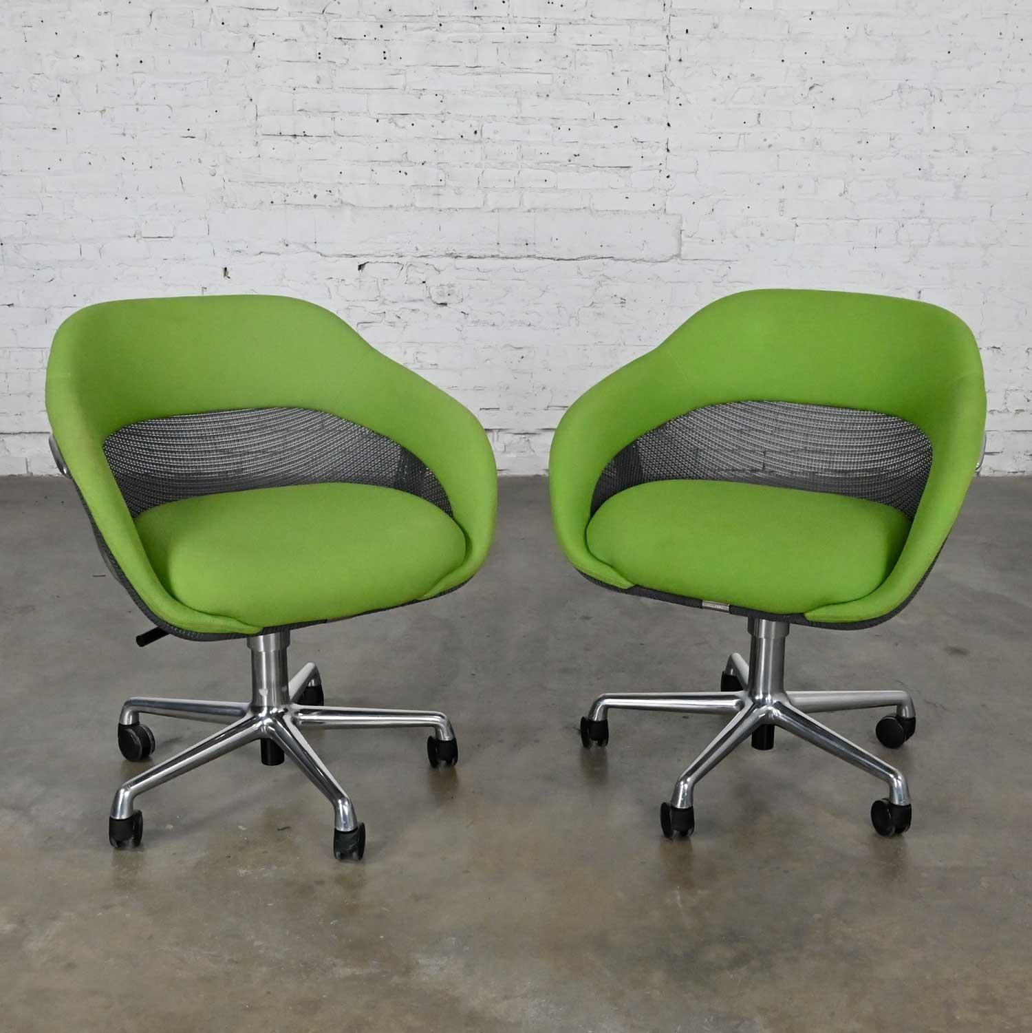 American Modern Steelcase Green 5 Prong Chrome Rolling Base Coalesse Office Chairs a Pair