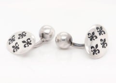 Boutons de manchette modernes en argent sterling et émail noir Fluer De Lys