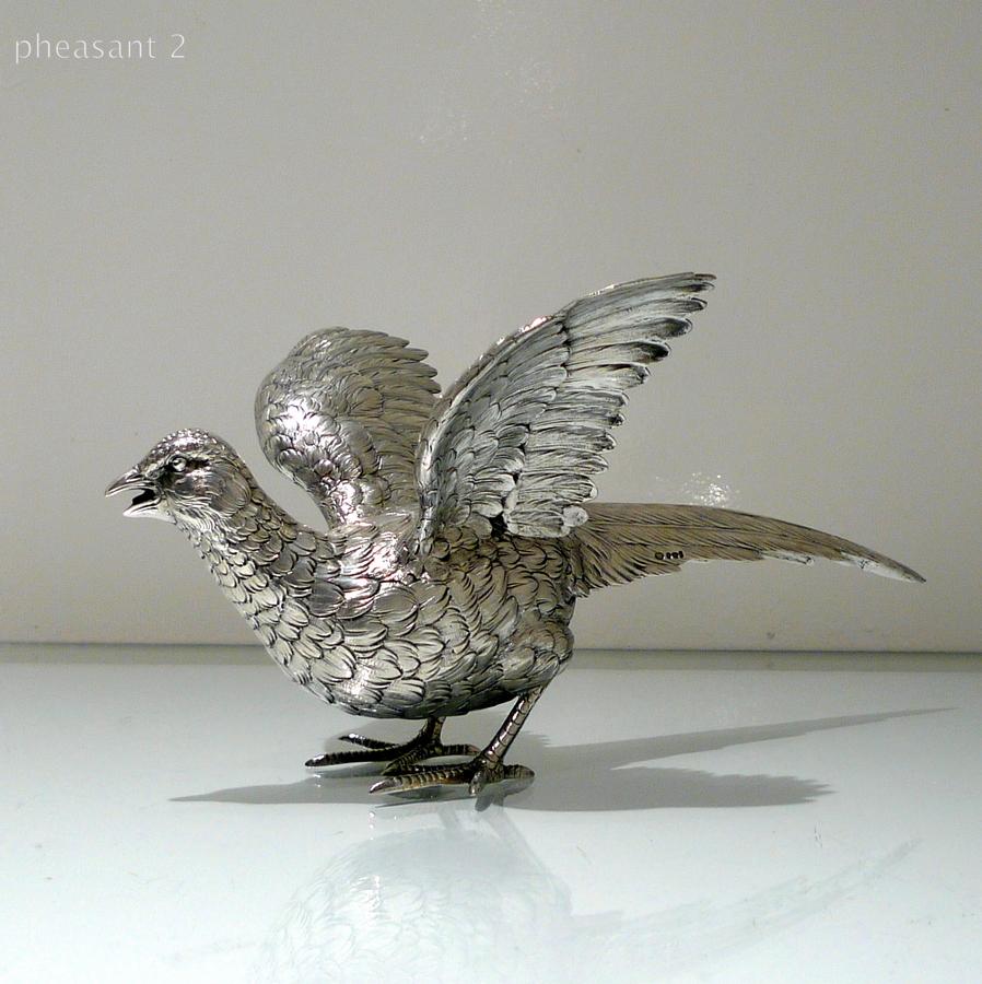 Modern Sterling Silver Pair Pheasants Imported Marked London 1959 F & Sons Ltd For Sale 7