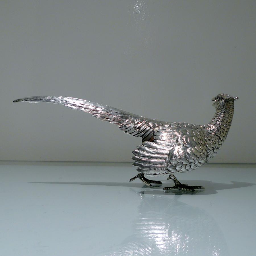 British Modern Sterling Silver Pair Pheasants Imported Marked London 1959 F & Sons Ltd For Sale