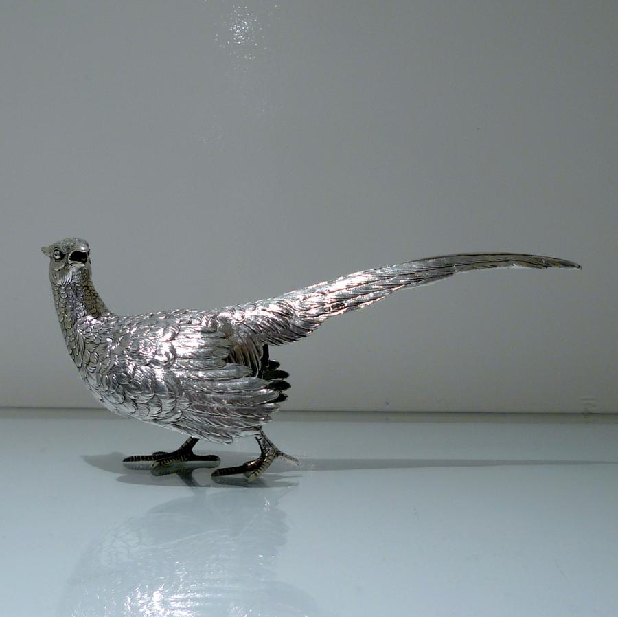 Mid-20th Century Modern Sterling Silver Pair Pheasants Imported Marked London 1959 F & Sons Ltd For Sale