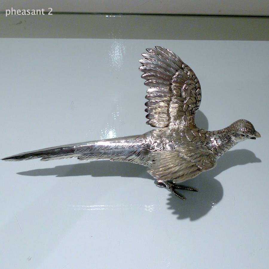 Modern Sterling Silver Pair Pheasants Imported Marked London 1959 F & Sons Ltd For Sale 1