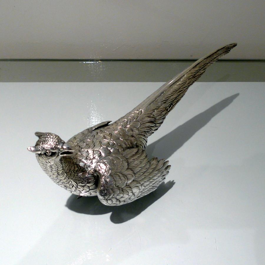 Modern Sterling Silver Pair Pheasants Imported Marked London 1959 F & Sons Ltd For Sale 3
