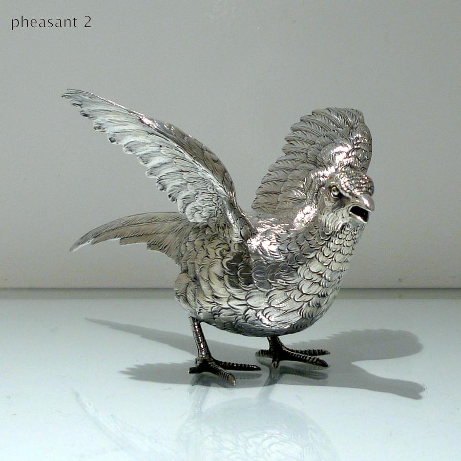Modern Sterling Silver Pair Pheasants Imported Marked London 1959 F & Sons Ltd For Sale 4