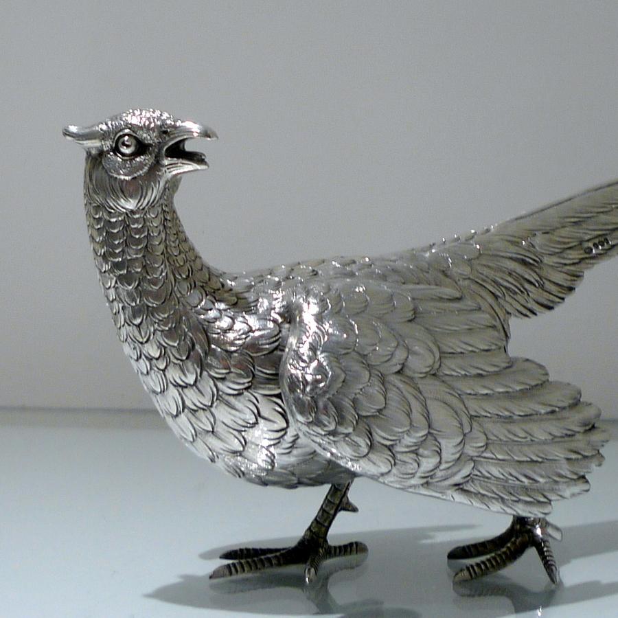 Modern Sterling Silver Pair Pheasants Imported Marked London 1959 F & Sons Ltd For Sale 5