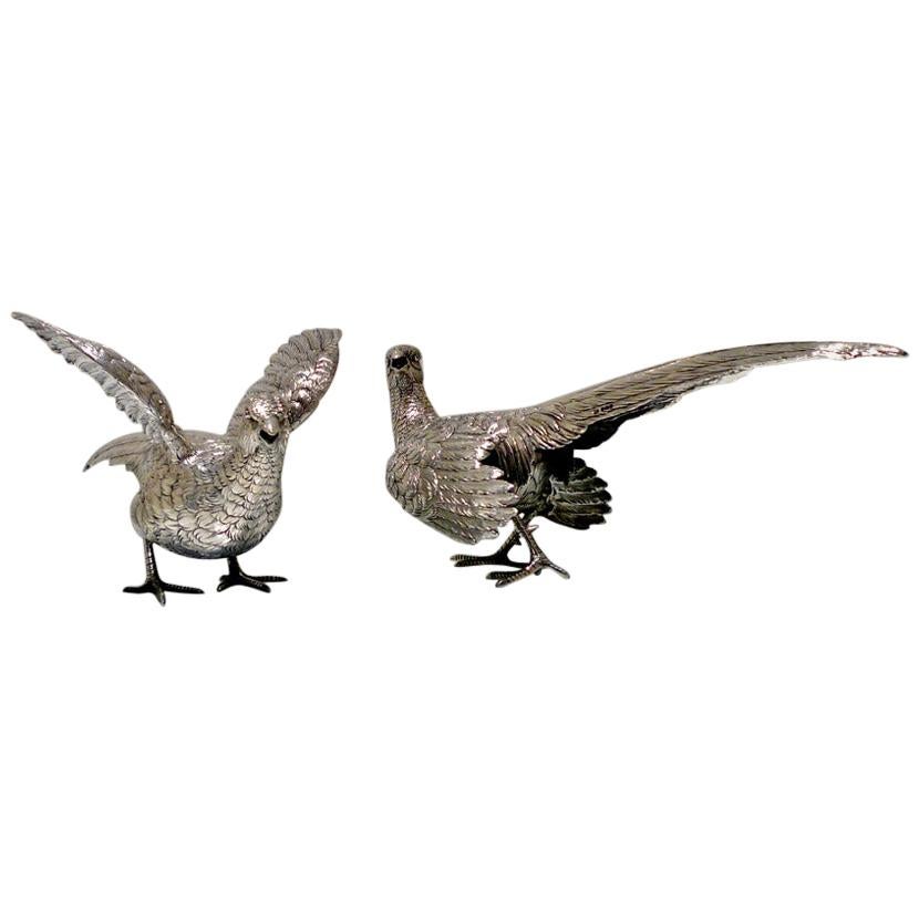 Modern Sterling Silver Pair Pheasants Imported Marked London 1959 F & Sons Ltd For Sale