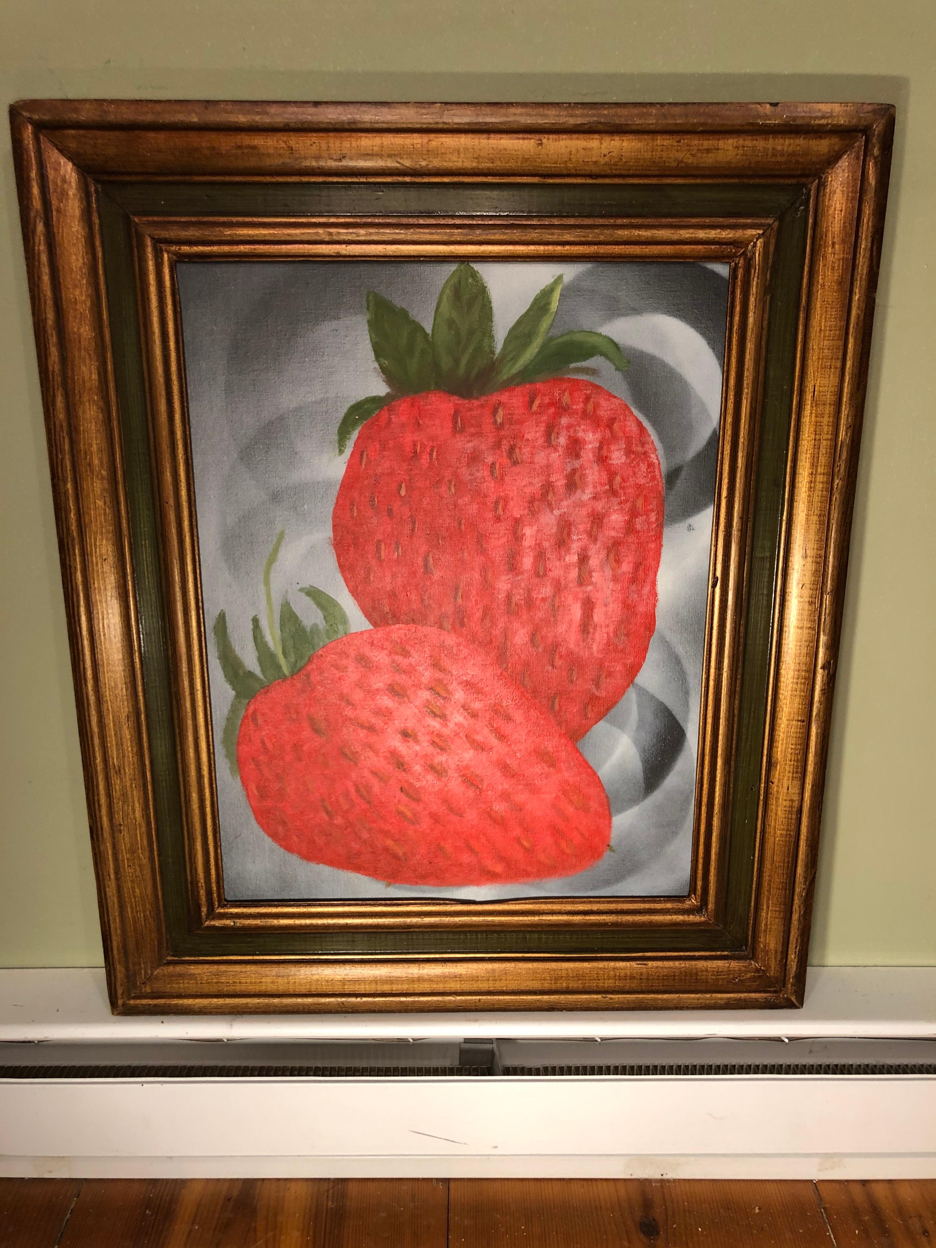 Modernes Stilleben mit Erdbeeren. Obststillleben auf Masonit. Gerahmt in einem massiven Holzrahmen mit Grüntönen.