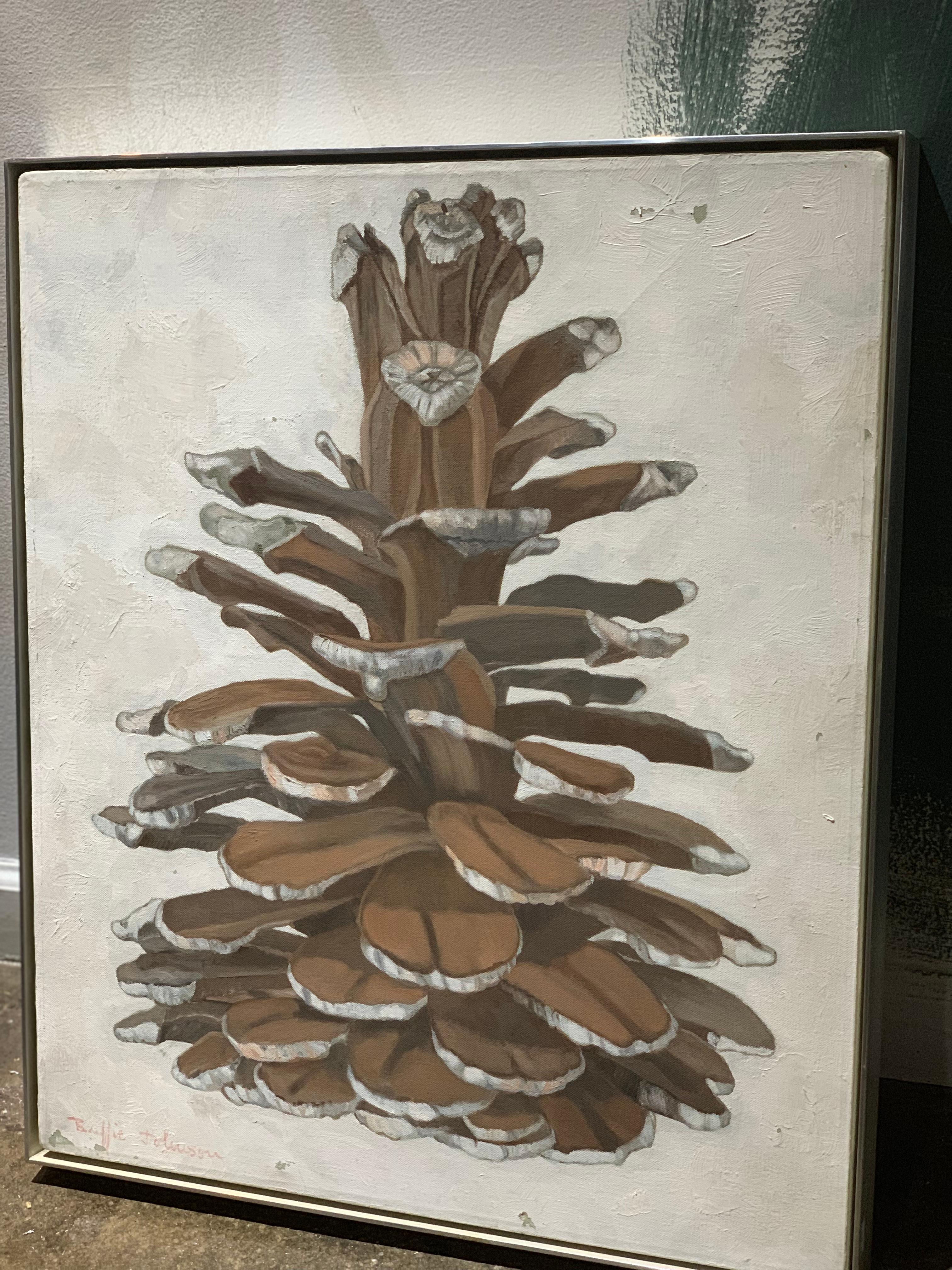 Modern Still-Life Pinecone Oil Painting Panel Buffie Johnson 1974 Plant Series In Fair Condition For Sale In Brooklyn, NY