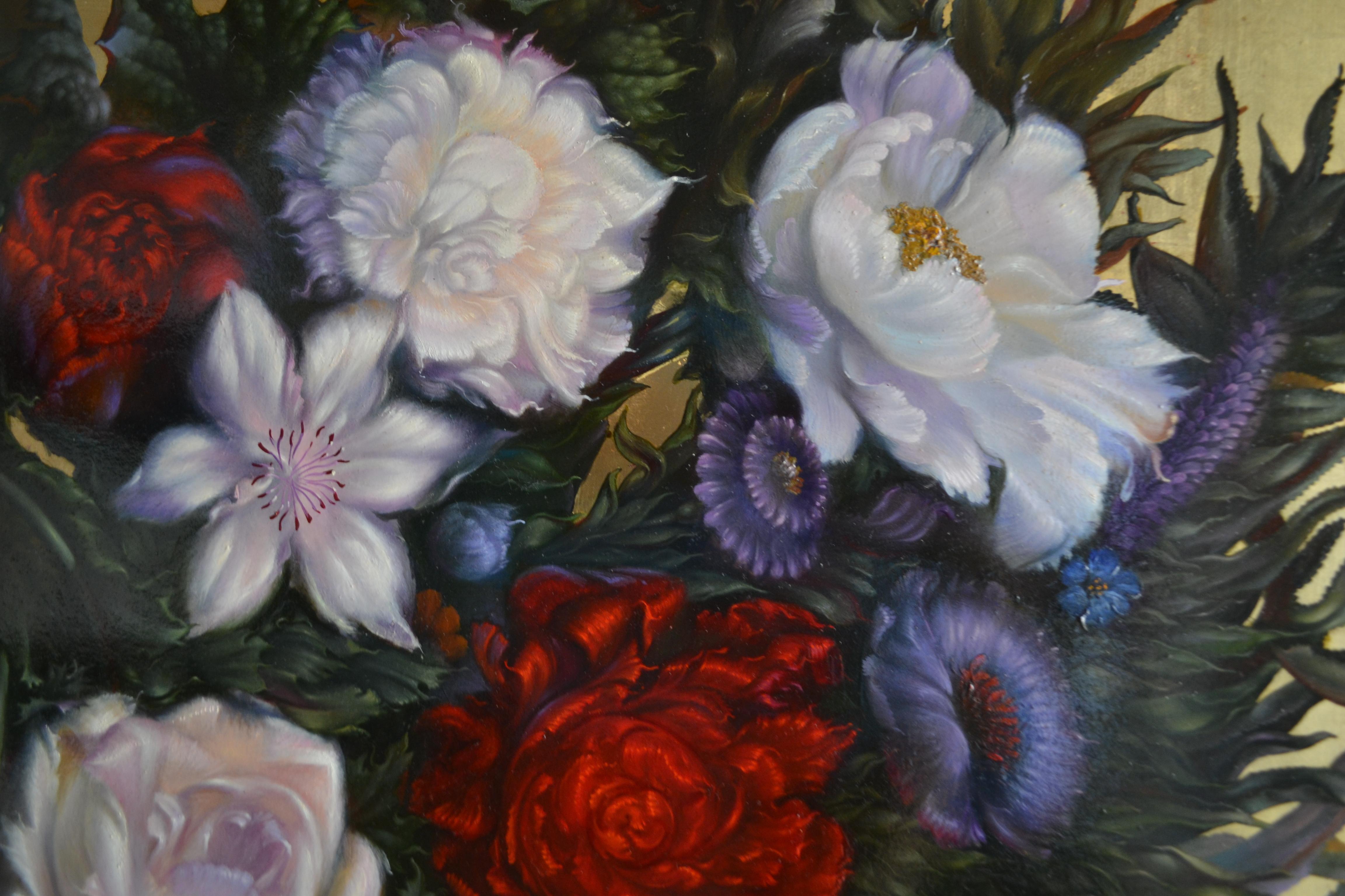 An exceptional still life in the Renaissance style of a silky bouquet of flowers held in a Canada Dry can painted on a gold leaf background by Georgian Canadian artist George Elbakidze. The Canvas is titles Canada Dry 1. The artist signed his