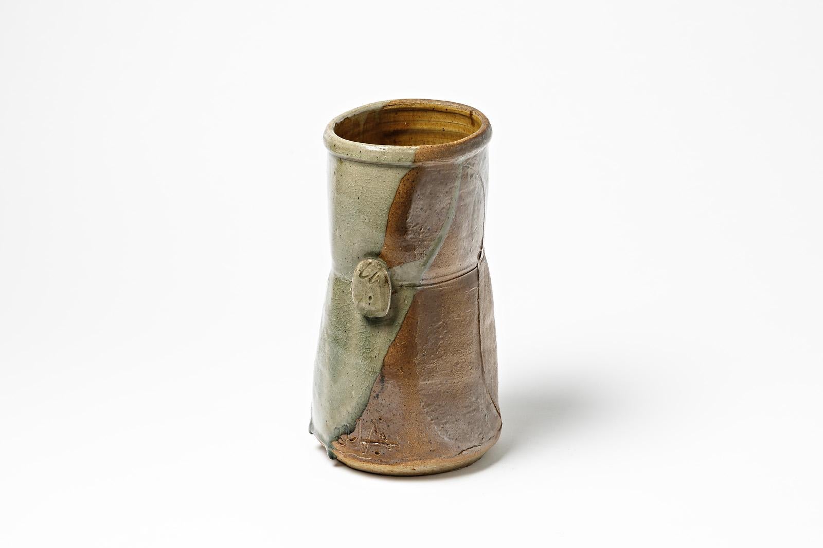 French Modern Stoneware Ceramic Vase by Astoul in La Borne 1982 Shinny Grey Color For Sale