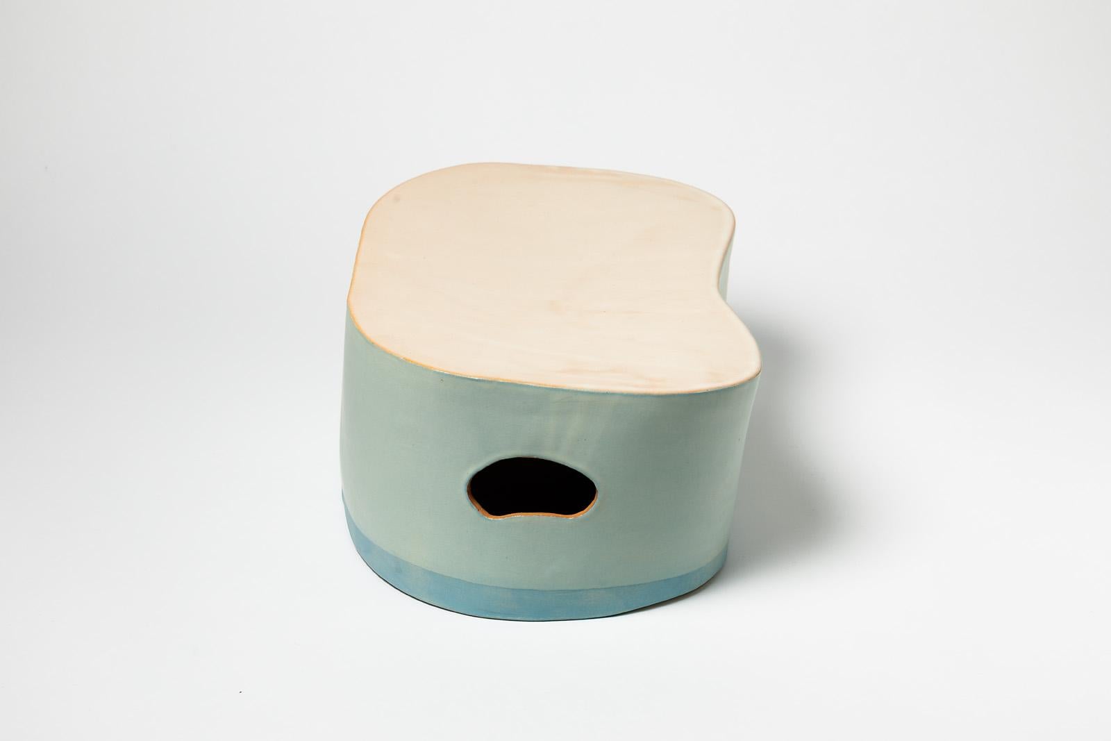 Modern Stoneware Low Ceramic Stool by French Artist Low or Coffee Table Green  In Excellent Condition For Sale In Neuilly-en- sancerre, FR