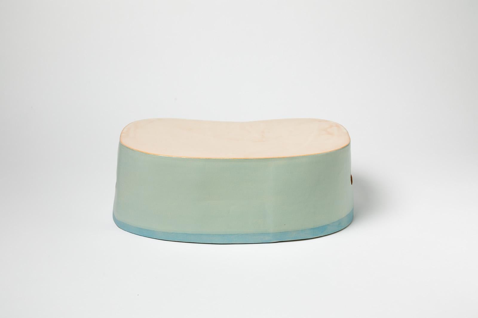 Contemporary Modern Stoneware Low Ceramic Stool by French Artist Low or Coffee Table Green  For Sale