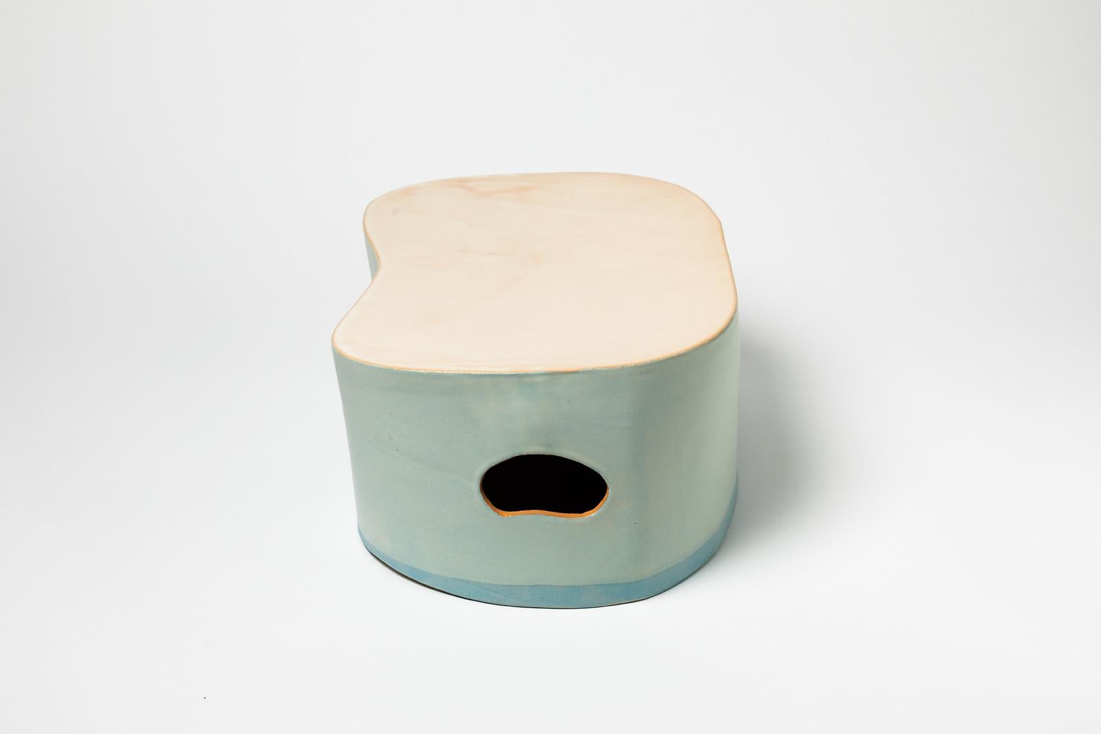 Modern Stoneware Low Ceramic Stool by French Artist Low or Coffee Table Green  For Sale 2
