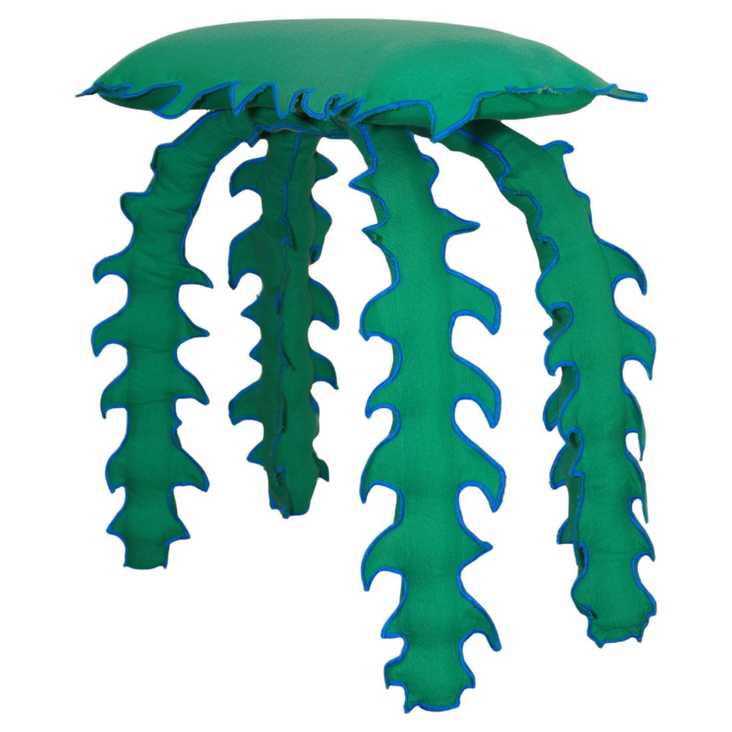 Modern Stool, Grass Green Cotton with Spiked Biomorphic Shape, Hand-Sewn by ESTO