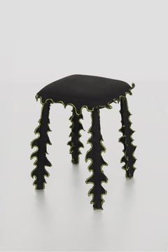 Modern Stool in Black Cotton with Spiked Biomorphic Surface Hand-Sewn by ESTO