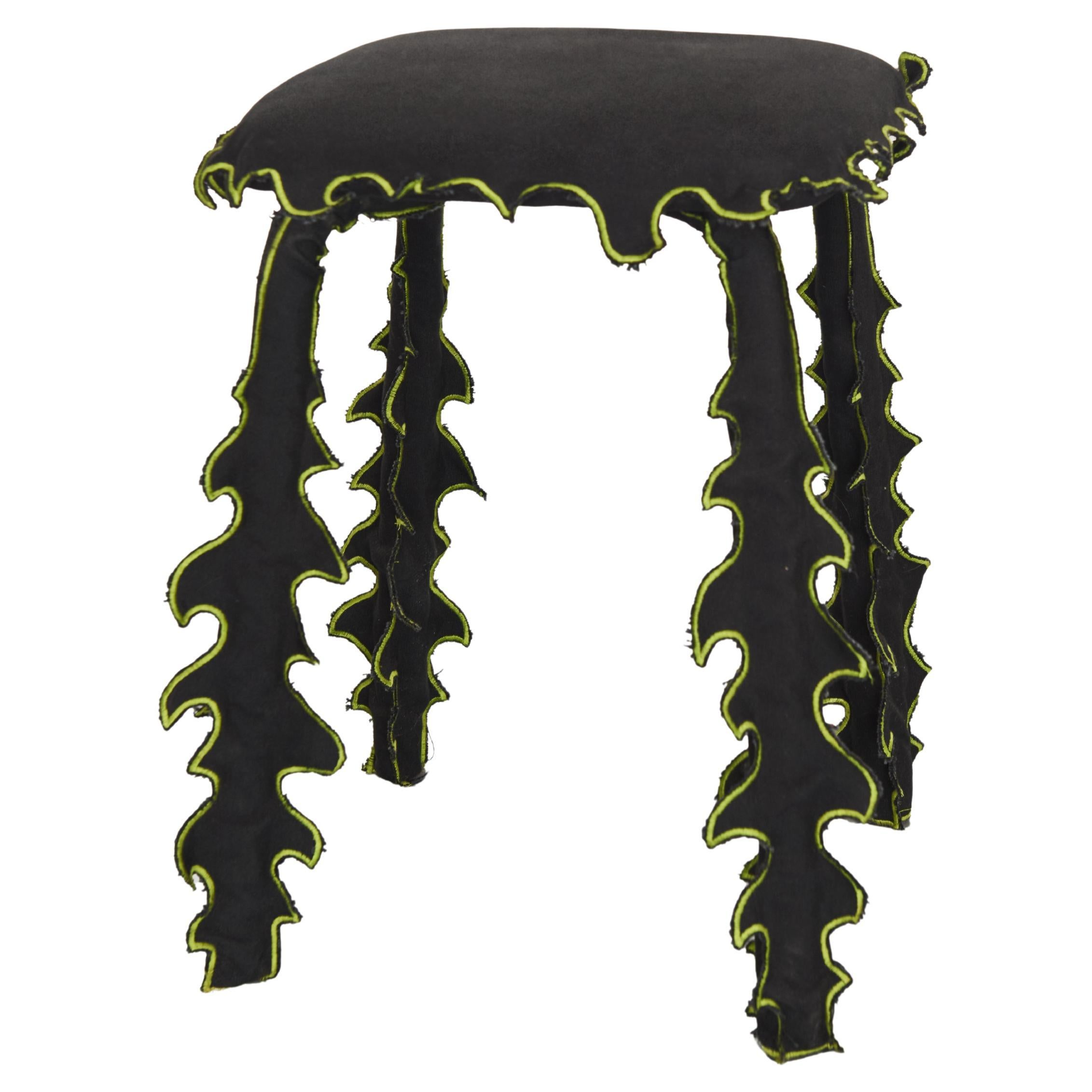 Modern Stool in Black Cotton with Spiked Biomorphic Surface Hand-Sewn by ESTO For Sale