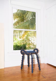 Modern Stool Marine Blue Cotton with Spiked Biomorphic Surface Hand-Sewn by ESTO