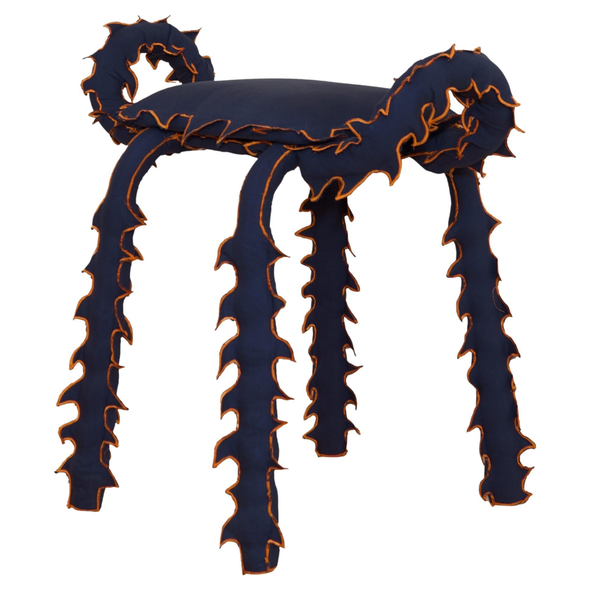 Modern Stool Marine Blue Cotton with Spiked Biomorphic Surface Hand-Sewn by ESTO