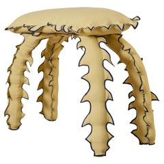 Modern Stool Vanilla Yellow Cotton Spiked Biomorphic Surface Hand-Sewn by ESTO