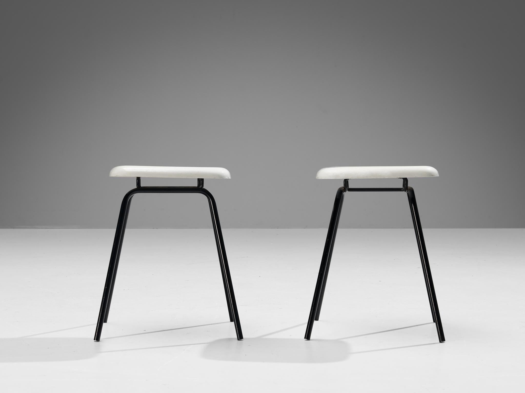Modern Stools in White Fiberglass and Black Coated Steel For Sale 7