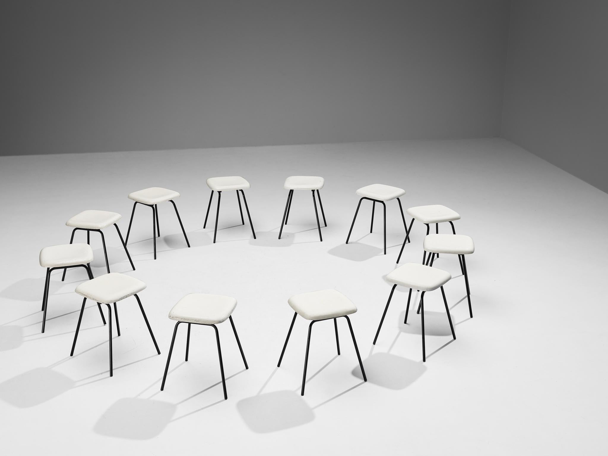 Mid-20th Century Modern Stools in White Fiberglass and Black Coated Steel For Sale